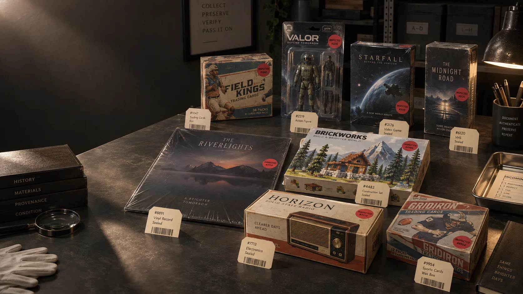 A collector evidence table filled with unopened collectibles