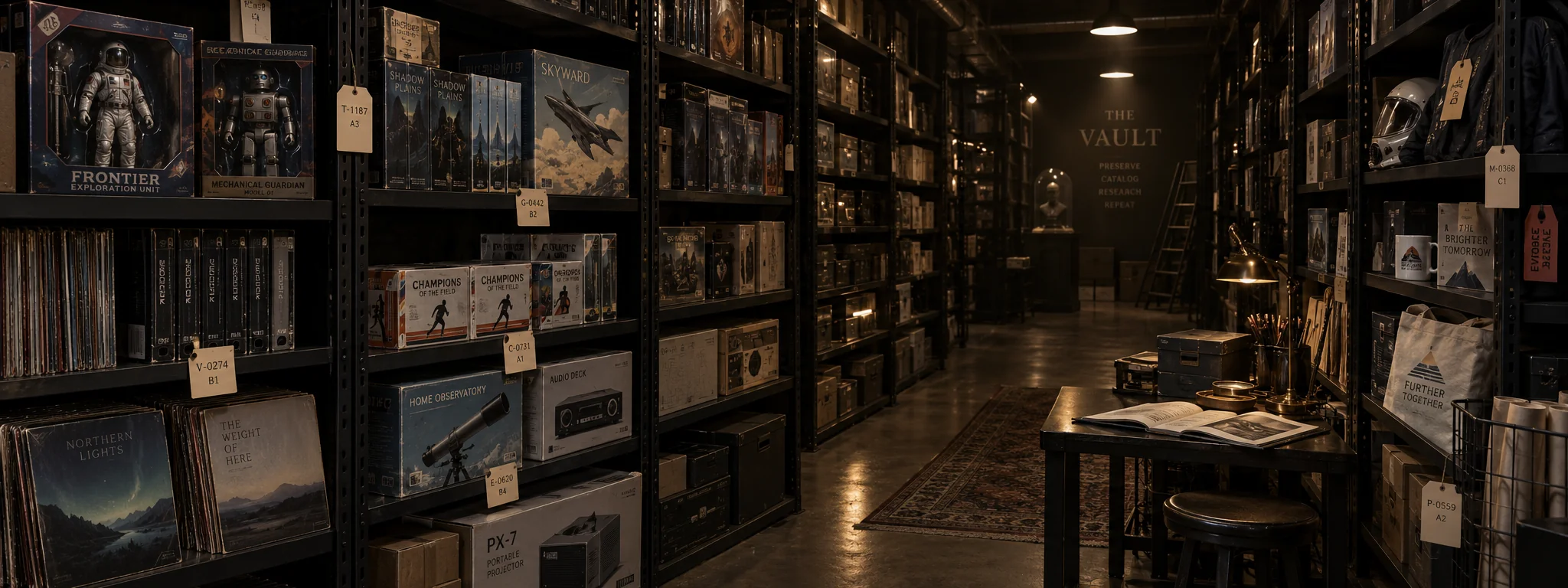 Archive shelves of unopened collectibles